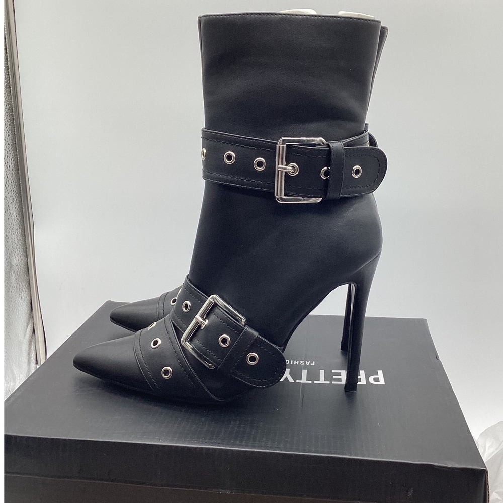 PrettyLittleThing Black Buckle Eyelet Pointed Toe‎ Stiletto Ankle Boots NEW